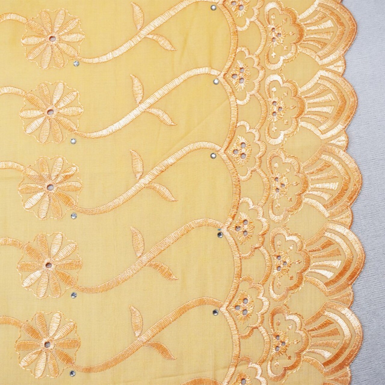 Orange Poly-Cotton Embroidered Scallop Rhinestone Woven Fabric By the Yard